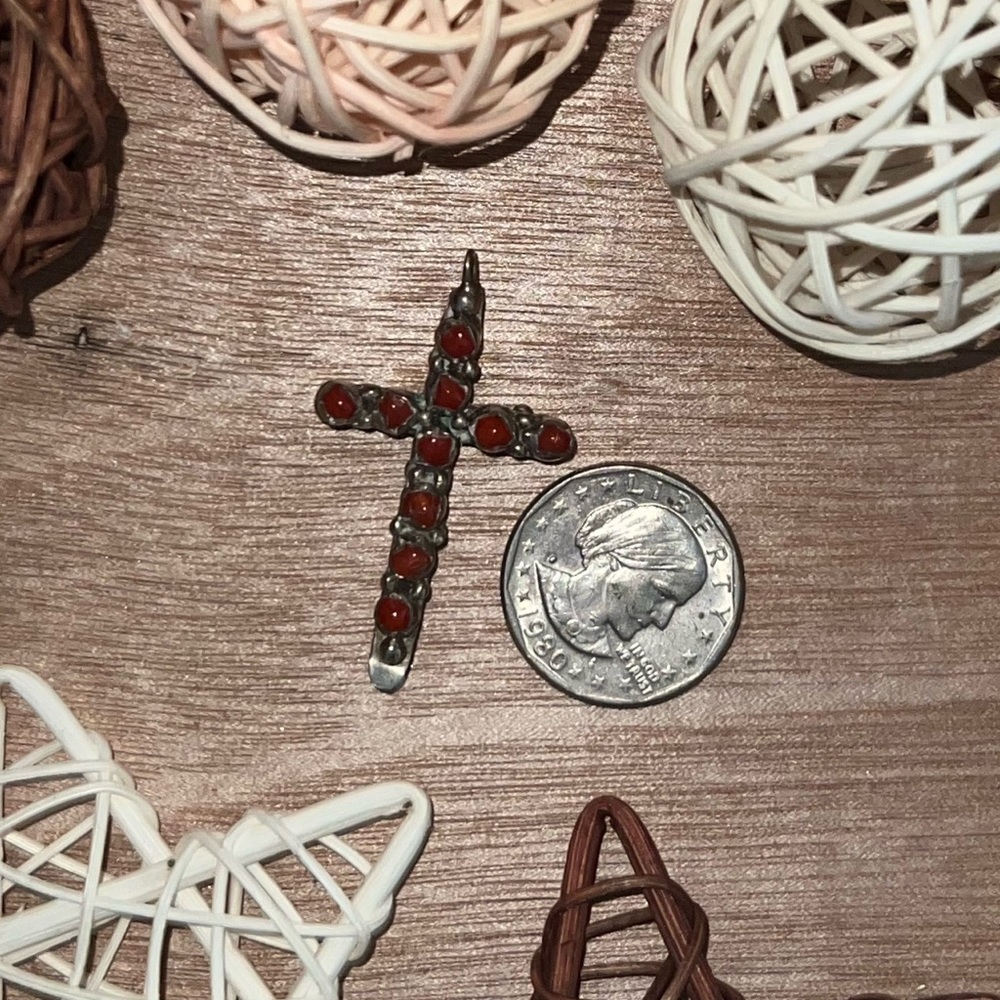 Vtg Double Sided Cross- Turquoise/Coral Sterling- - image 3